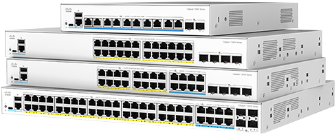 Cisco C1300X-48NGU-4X stack of white switches with black ports and yellow accents