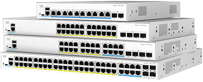 Cisco C1300X-48NGU-4X stack of white switches with black ports and yellow accents