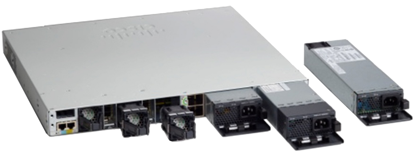 White cisco c9300-48p-e network switch with 48 1g poe+ ports and modular uplinks with attached power supplies