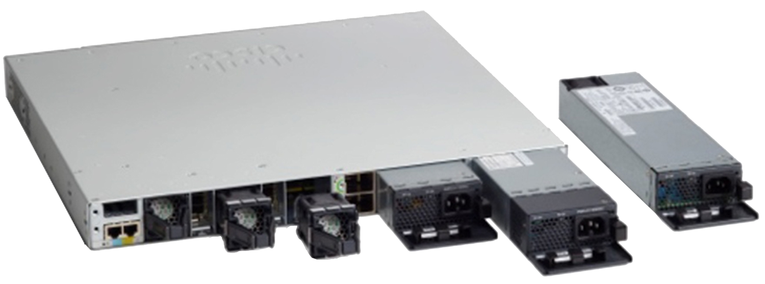 White cisco c9300-48p-e network switch with 48 1g poe+ ports and modular uplinks with attached power supplies