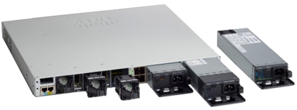 White cisco c9300-48p-e network switch with 48 1g poe+ ports and modular uplinks with attached power supplies