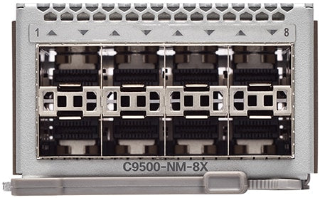 Silver metallic cisco catalyst 9500 network expansion card with black connectors and c9500-nm-8x model number visible
