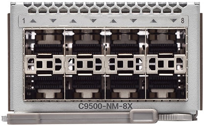 Silver metallic cisco catalyst 9500 network expansion card with black connectors and c9500-nm-8x model number visible