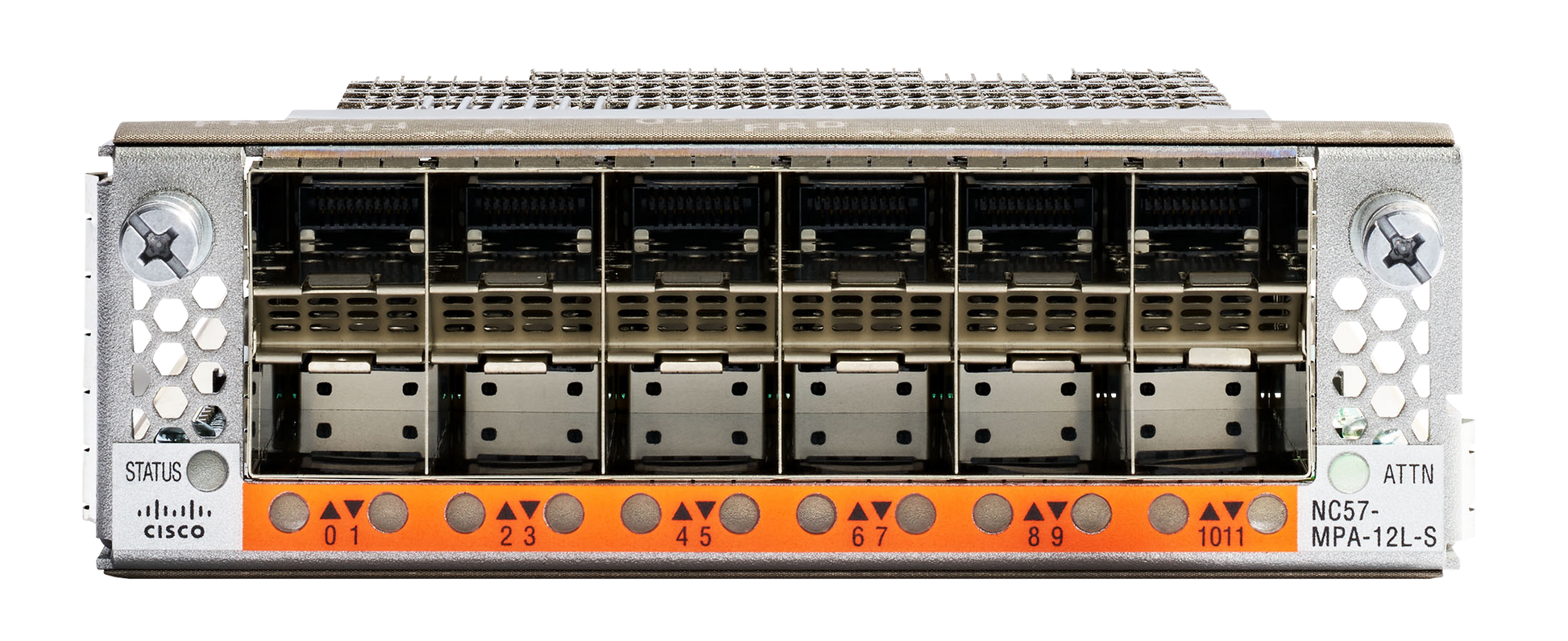 Cisco NC57-MPA-12L-S-FC silver router with orange accents and 12x 10/25/50G slots