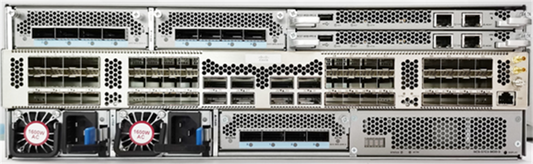 Silver-colored cisco ncs-57c3-mod-hx hardened router back side with multiple network ports and cooling fans in a server rack