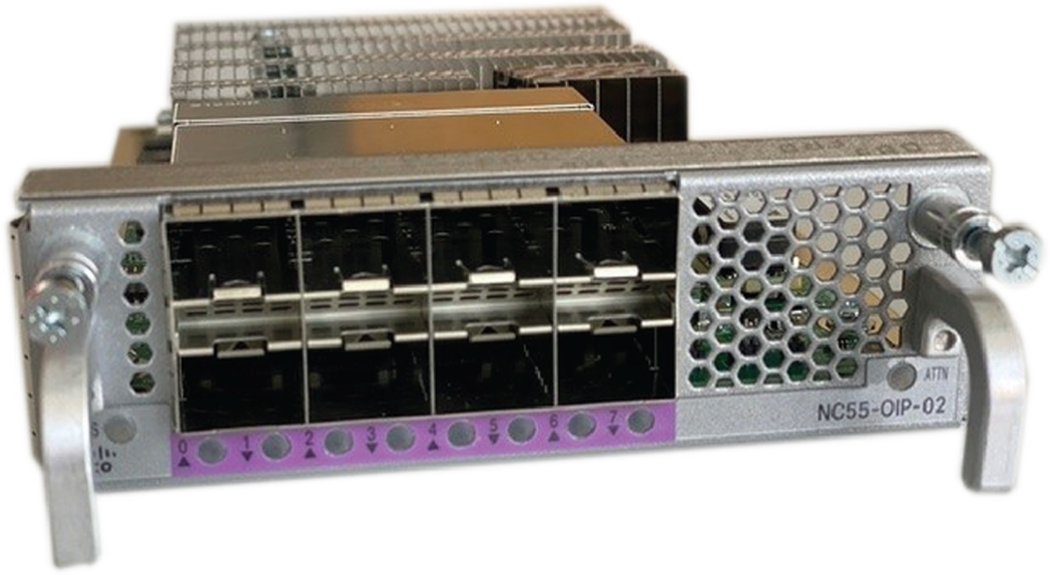 Cisco NC55-OIP-02-FC silver server rack with purple honeycomb accents