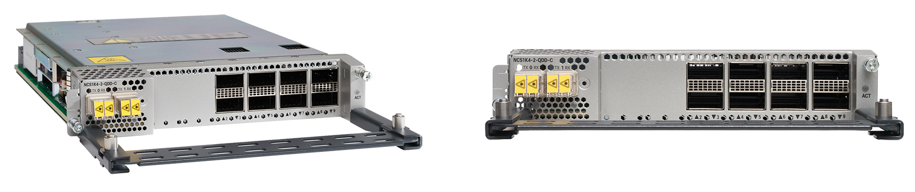 Cisco NCS1K4-2-QDD-C-K9 silver server rack with black yellow accents