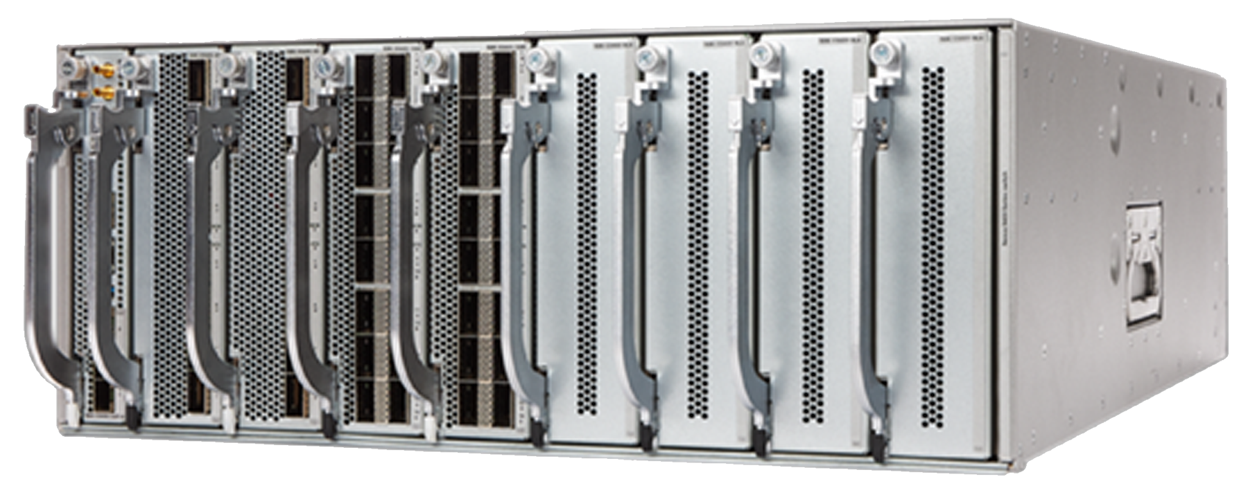 Cisco UCS silver server rack with black mesh panels in N9K-C9408 chassis