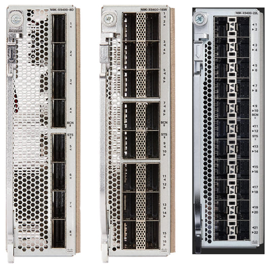 Cisco N9K-X9400-22L line card in silver Dell server rack
