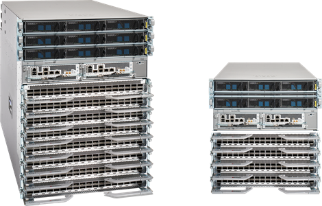 Cisco N9K-C9808 8-slot modular data center chassis with silver switch rack