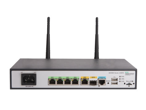 HPE JH297A#ABG | Gigabit router + Wi‑Fi 4 (2.4 GHz) | 1x GE SFP, 2x GE WAN, 4x GE LAN | Comware v7 | VPN/IPsec | SD-WAN capable | LTE optional