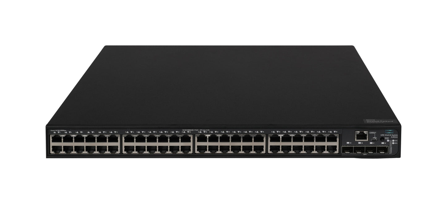 HPE JL824A black cisco switch with 48x 1G PoE+ ports and 4x 10G SFP+ uplinks