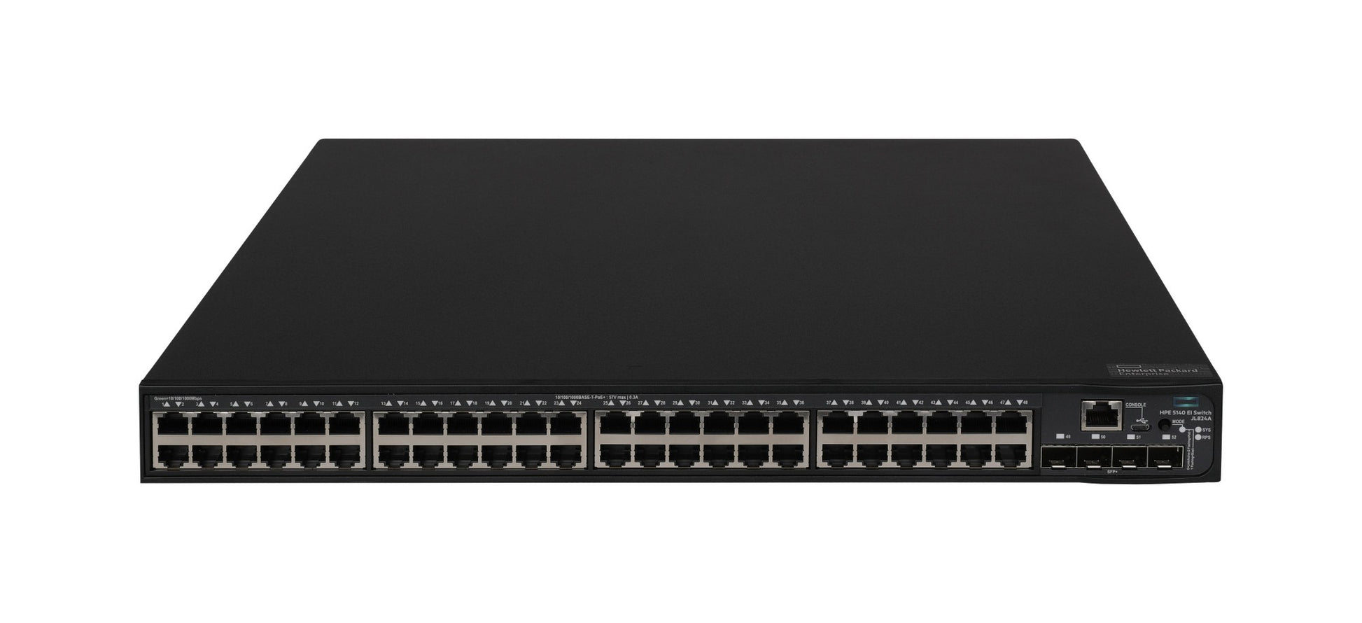 HPE JL824A black cisco switch with 48x 1G PoE+ ports and 4x 10G SFP+ uplinks