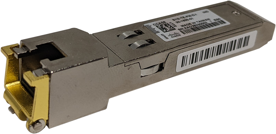 Cisco SFP-1G-T-X 1GbE copper SFP transceiver module with silver-gold metallic housing