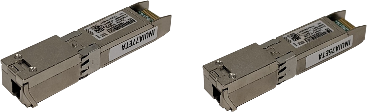 Two identical Inqua7eta-labeled Cisco SFP+ 10GBASE-LR BiDi transceivers