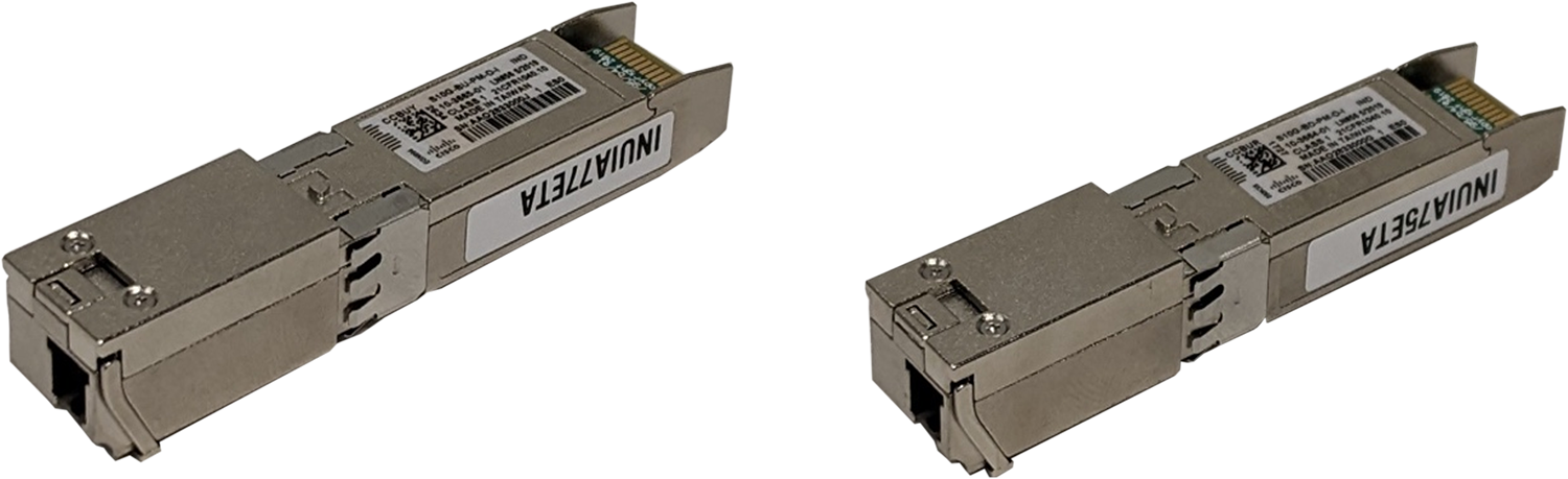 Two identical Inqua7eta-labeled Cisco SFP+ 10GBASE-LR BiDi transceivers