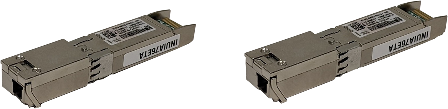 Two Cisco S10G-B40D-PM-D-I SFP+ transceivers labeled innia76e1a