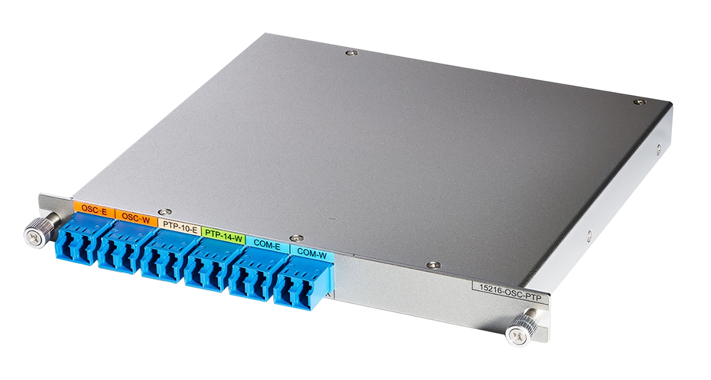 Cisco 15216-OSC-PTP passive OSC coupler with silver fiber optic switch panel, blue LC connectors
