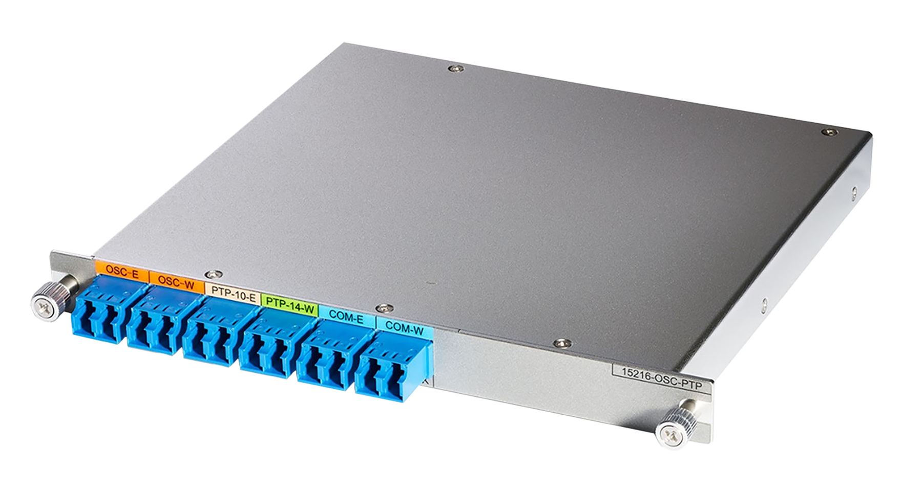 Cisco 15216-OSC-PTP passive OSC coupler with silver fiber optic switch panel, blue LC connectors