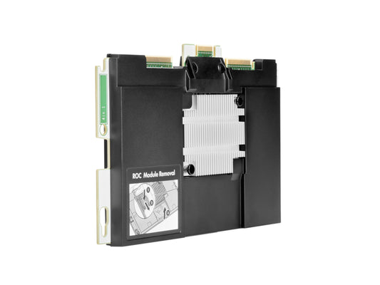 HPE 804424R-B21 PCIe RAID card with black plastic, metal, white heatsink, green PCB