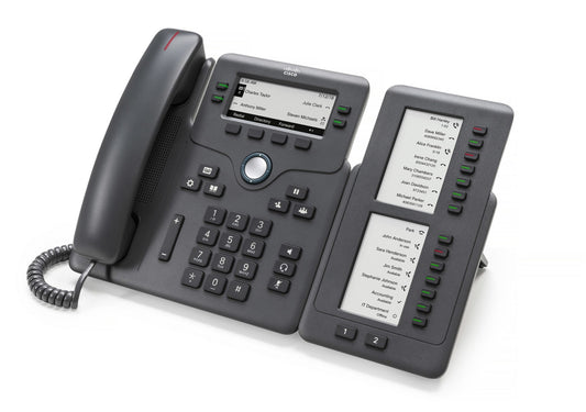 Cisco CP-68KEM-3PCC | Key Expansion Module | Dual greyscale LCDs | 14 line keys + 2 page buttons | 6800 Series MPP (3PCC)