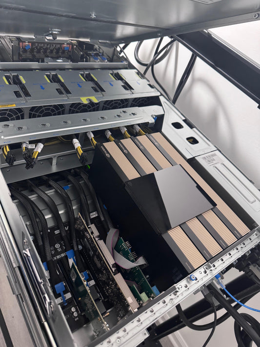 Black and beige hpe s4a91c 4-way nvlink bridge for h200 nvl quad gpu cryptocurrency mining rig in metal server rack