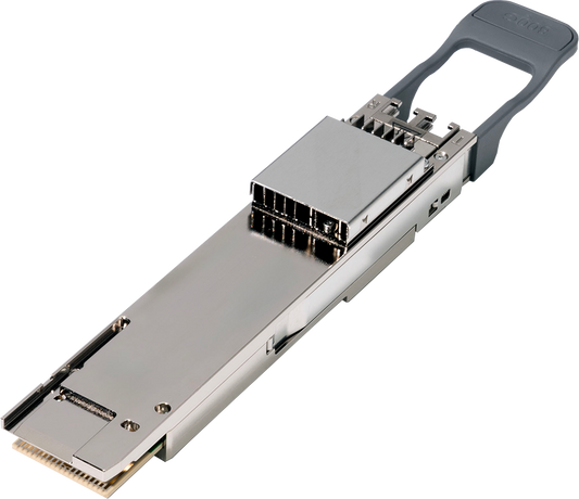 Cisco DP08QSDQ-ZRB-A1 800G QSFP-DD silver transceiver with gold pins