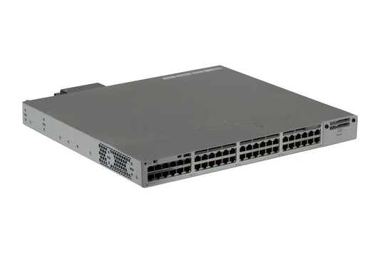 Gray metal cisco c9300-48p-e network switch with 48x 1g poe+ ethernet ports and modular uplinks visible from the back side