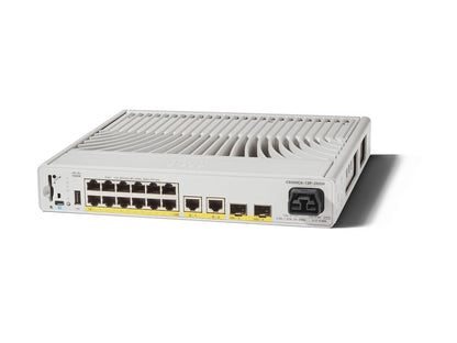 Cisco catalyst 9200cx 12-port poe+ switch with sleek white metal chassis and yellow-accented ethernet ports