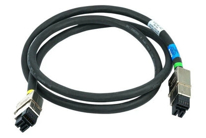 Black coiled ethernet stackpower interconnect cable 150 cm with dual metallic connectors and colored labeling bands