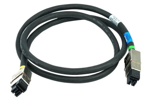 Black coiled ethernet stackpower interconnect cable 150 cm with dual metallic connectors and colored labeling bands