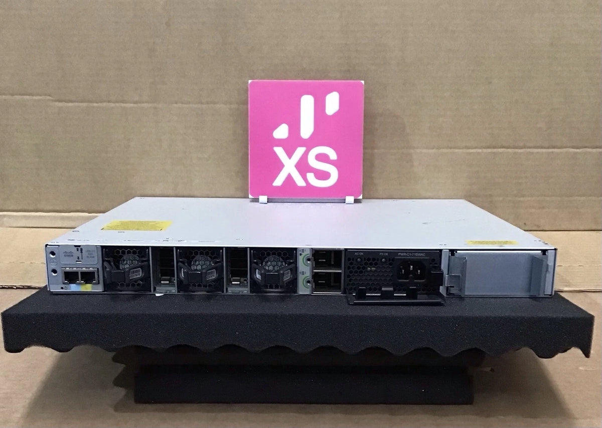 Silver cisco c9300-24p-e catalyst 9300 switch with 24 gigabit poe+ ports and pink xs logo on top