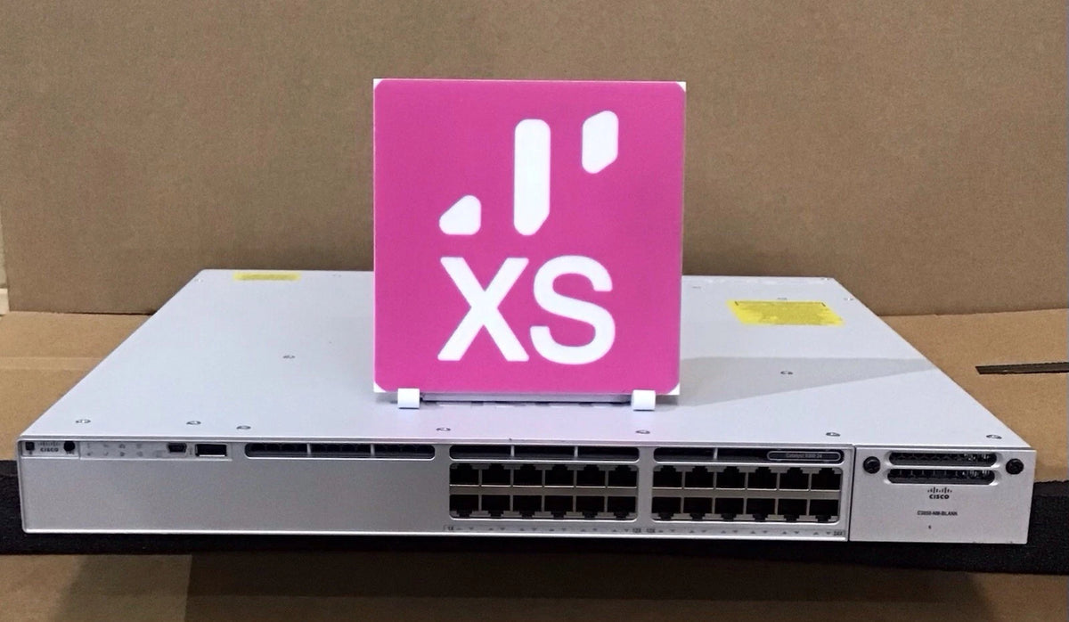 White cisco catalyst c9300-24t-e 24-port gigabit switch with modular uplink slot and pink xs sign on top