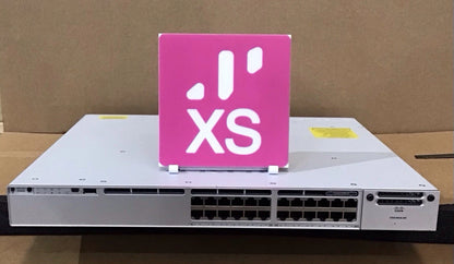 White cisco catalyst c9300-24t-e 24-port gigabit switch with modular uplink slot and pink xs sign on top