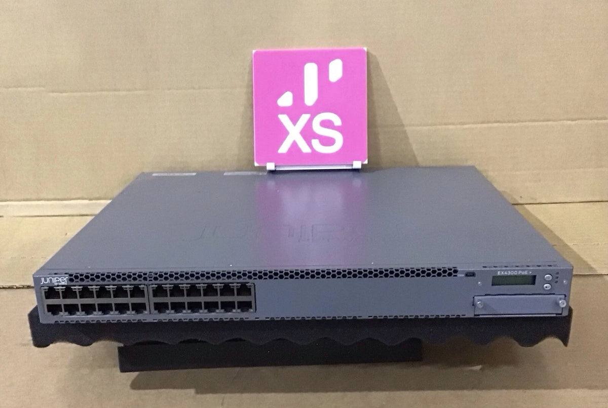 Gray metal juniper ex4300-24 poe switch with 24x1g rj45 ports 4x10g sfp+ uplinks and pink xs logo on top