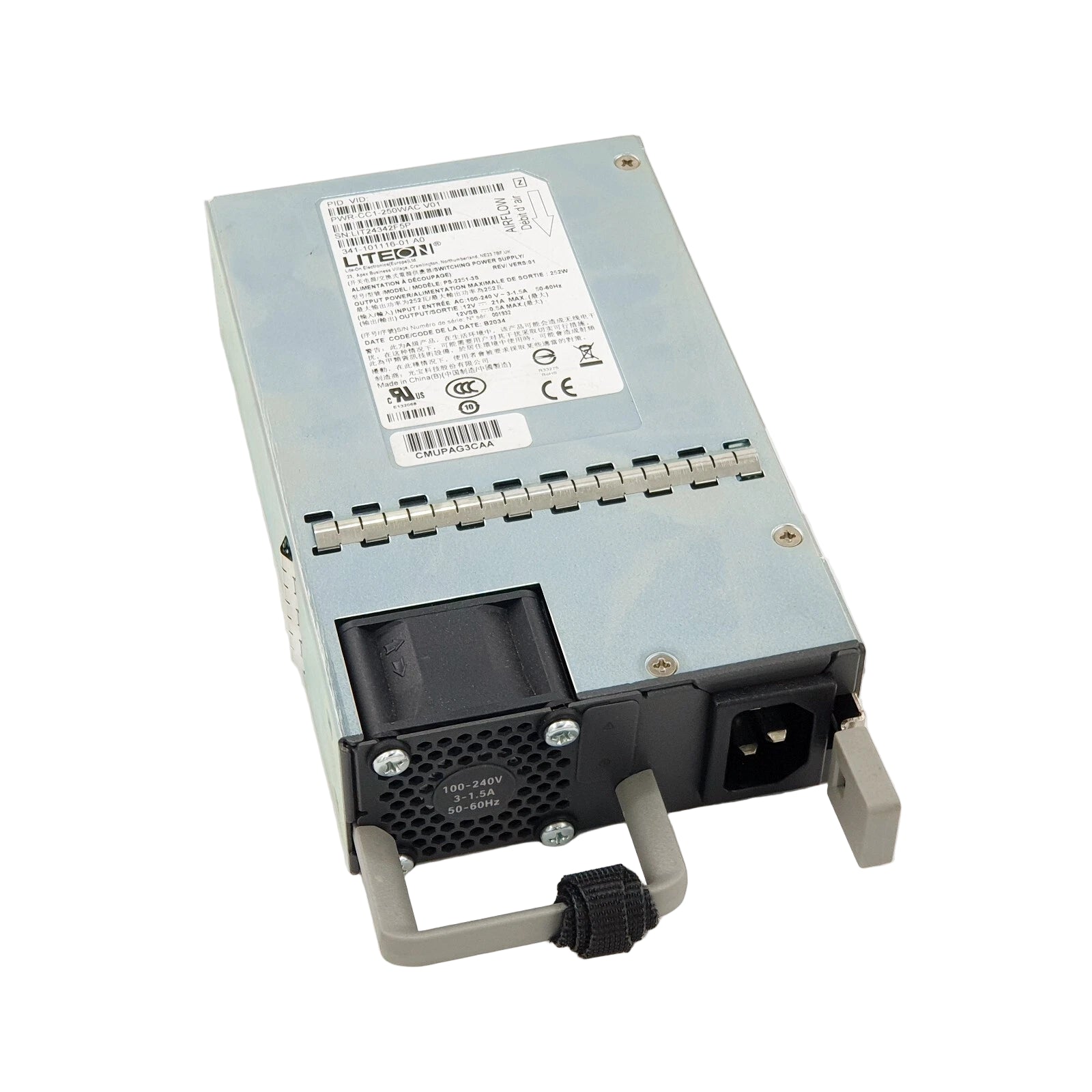 Cisco PWR-CC1-250WAC 250W AC PSU, black and silver with ports and handle