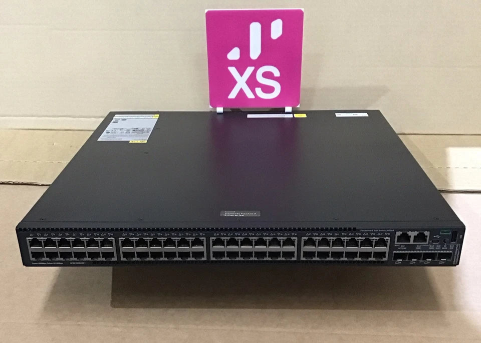 Black cisco 48 port 1g poe plus network switch with 4 10g sfp plus uplinks and pink xs sign on top