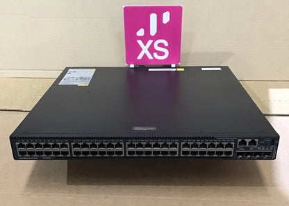 Black cisco 48 port 1g poe plus network switch with 4 10g sfp plus uplinks and pink xs sign on top