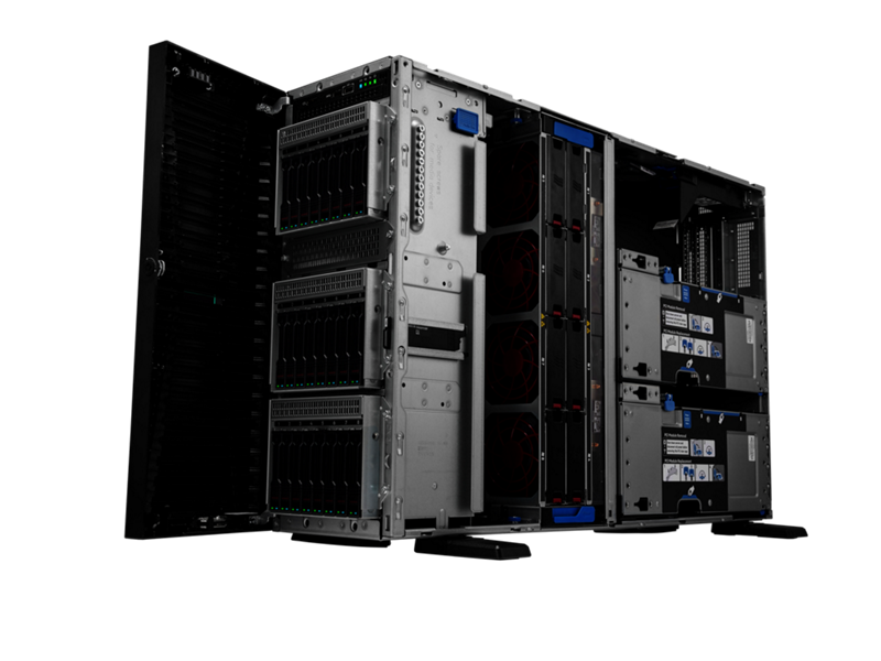 Silver and black hpe proliant ml350 gen11 tower server with multiple drive bays and blue indicator lights in modular design