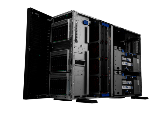 Silver and black hpe proliant ml350 gen11 tower server with multiple drive bays and blue indicator lights in modular design
