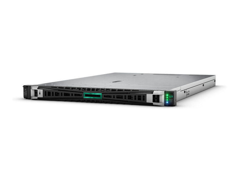 Silver hp proliant dl380 gen10 server with green and blue led indicators on front panel for rack use