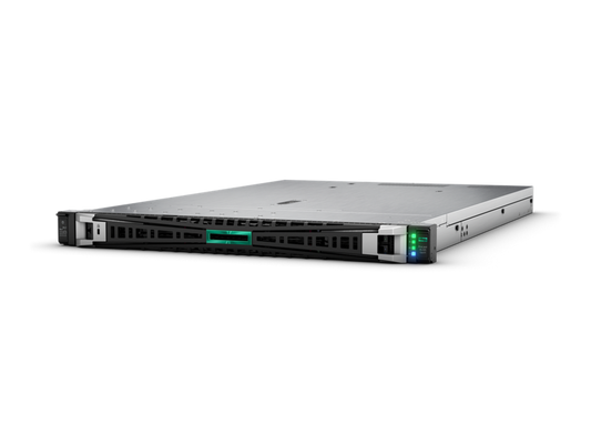 Silver hp proliant dl380 gen10 server with green and blue led indicators on front panel for rack use