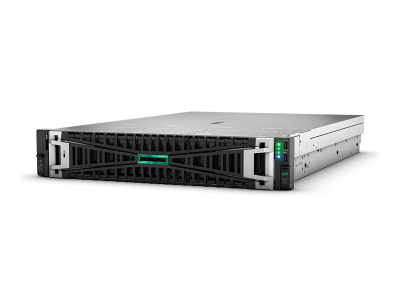 Silver and black hp proliant dl380 gen10 server rack with green led indicators for reliable data processing