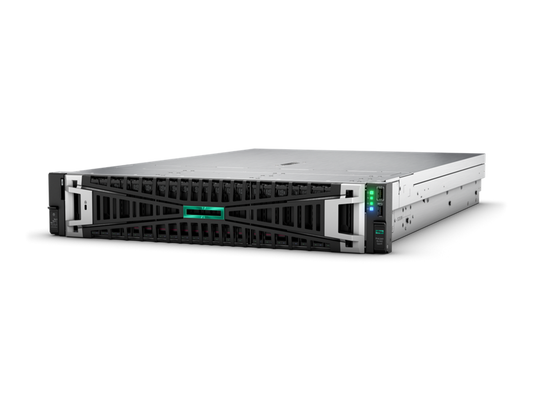 Silver and black hp proliant dl380 gen10 server rack with green led indicators for reliable data processing