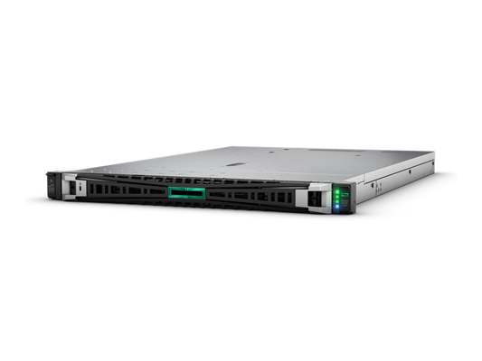 Silver hp proliant dl380 gen10 server with green and blue led indicators on front panel for enterprise use