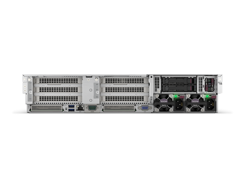 Silver metal server rack with drive bays ventilation grilles and cooling fans on the back of hpe proliant dl385 gen11 server