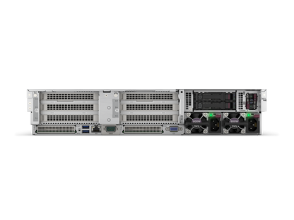 Silver metal server rack with drive bays ventilation grilles and cooling fans on the back of hpe proliant dl385 gen11 server