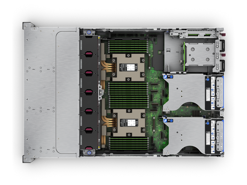 Silver server chassis with green ram modules and heat sinks hpe proliant dl385 gen11 2u dual amd epyc server