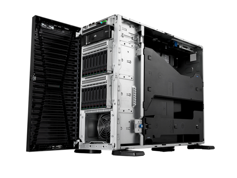 Silver and black hpe ml110 gen11 tower server with multiple drive bays cooling fans and internal cabling visible