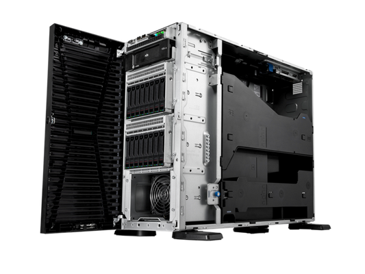 Silver and black hpe ml110 gen11 tower server with multiple drive bays cooling fans and internal cabling visible
